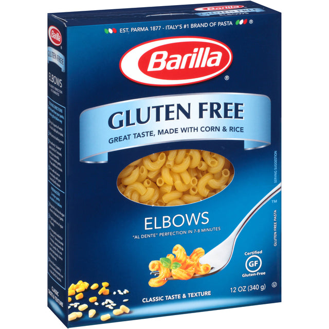 Gluten-free Barilla elbow pasta, 340g packet, ideal for flavorful, easy-to-cook meals without gluten.