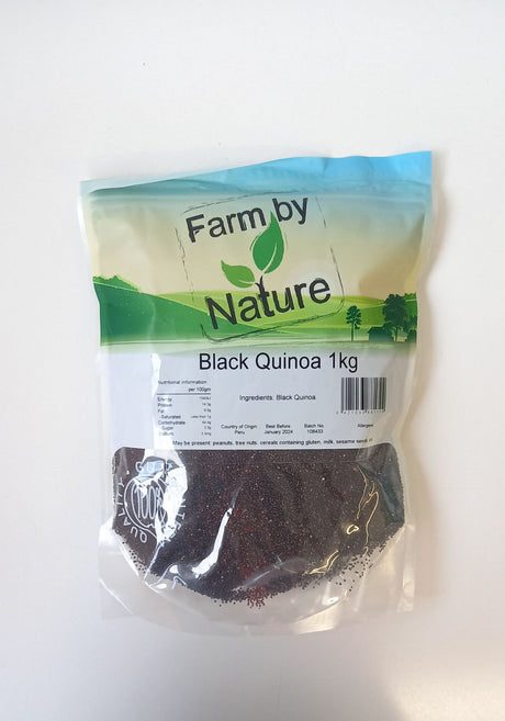 A 1kg packet of organic black quinoa, rich in protein and fiber, perfect for nutritious meals and salads.