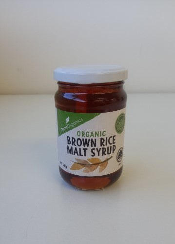 Organic malt syrup packet made from finely milled brown rice, perfect for sweetening baked goods and beverages.