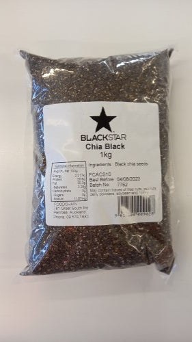 A resealable 1kg packet of nutrient-rich Black Chia Seeds, high in omega-3s, fiber, and essential minerals.