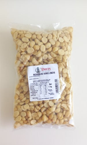 Premium 1kg packet of macadamia nut halves, known for their buttery flavor, crunch, and health benefits.