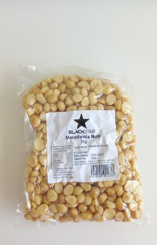 Raw whole macadamia nuts in a 1kg packet, creamy, nutritious, perfect for snacking and versatile cooking.