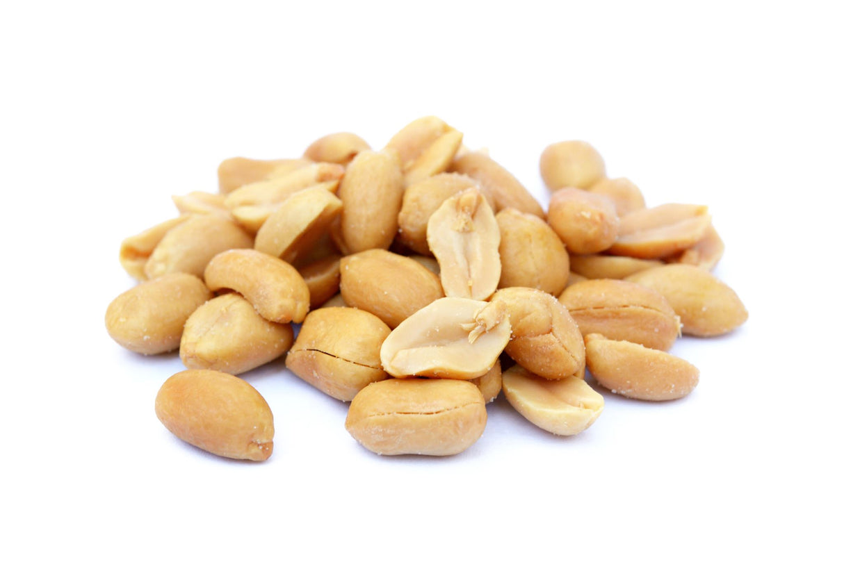 Blanched dry roasted peanut splits in a 25kg bag, perfect for snacking and baking.