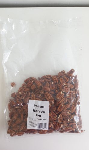 Pecan Halves in a 1kg packet, featuring rich flavor, health benefits, and ideal for baking, cooking, or snacking.