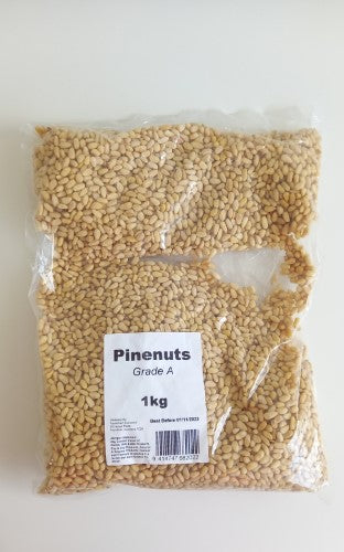 Grade A pinenuts in a 1kg packet, featuring rich flavor, healthy fats, and versatile uses for culinary creations.