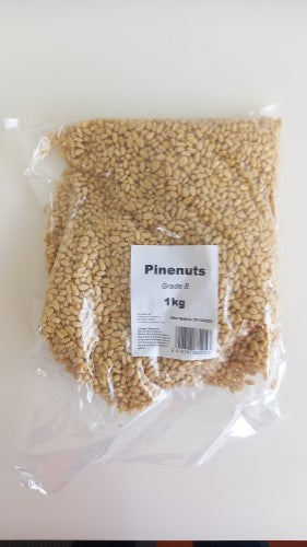 1kg packet of Grade B pinenuts, featuring buttery flavor, nutrient-rich for recipes, snacks, and health benefits.