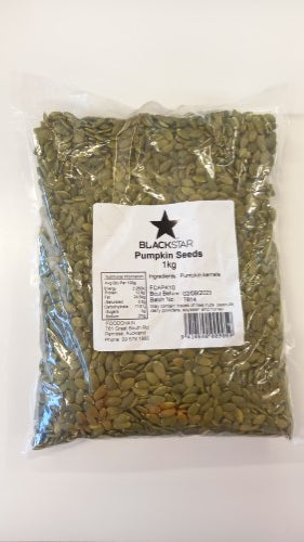 Nutty pumpkin seed kernels in a 1kg packet, rich in nutrients and perfect for snacking or enhancing dishes.