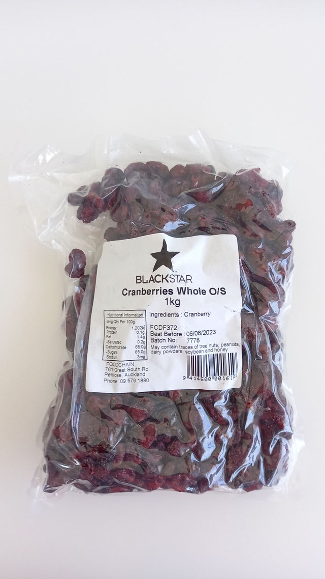 Dried whole cranberries in a 1kg packet, offering a sweet, tangy snack rich in vitamins and antioxidants for versatile recipes.