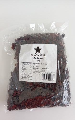 Plump and juicy 1kg packet of Sultanas, perfect for snacking, baking, and enhancing healthy dishes.