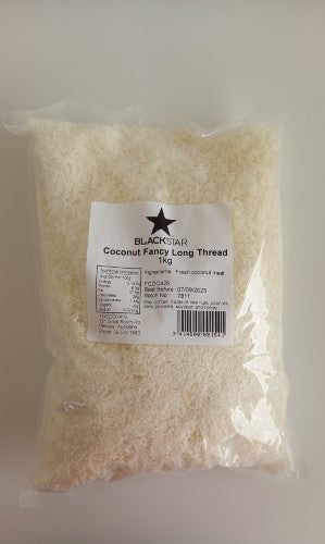 Shredded coconut 1kg packet, perfect for baking, cooking, and snacking with a rich tropical flavor and essential nutrients.