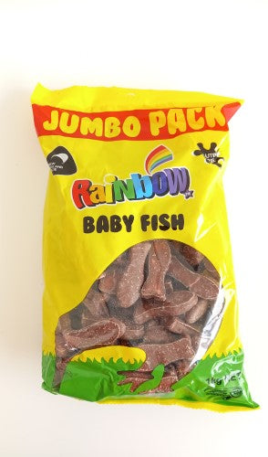 Colorful chocolate-coated marshmallow baby fish in a 1kg packet, perfect for sweet snacks and party treats.