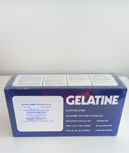 1kg carton of gelatine leaves, ideal for culinary use in desserts and savory dishes.