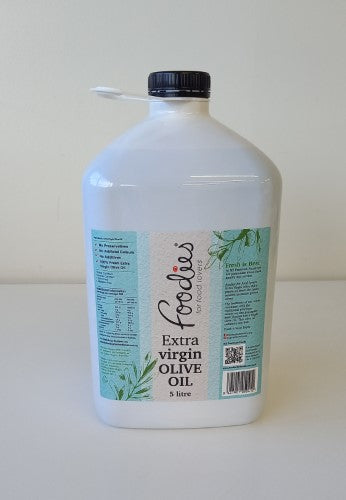 Extra virgin olive oil in a 5L bottle, perfect for enhancing salads and cooking with rich, flavorful health benefits.