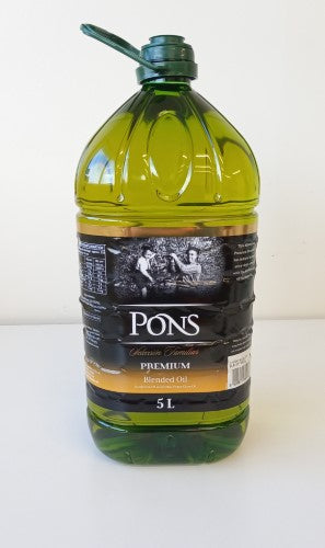 5L bottle of Pons Extra Virgin Olive Oil & Sunflower Blend, perfect for cooking and salad dressings. Rich in flavor and nutrients.