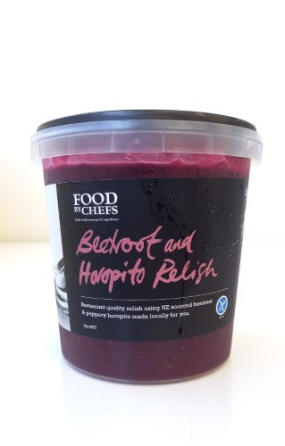 Relish Beetroot & Horopito 1kg tub showcasing vibrant color and rich flavors, perfect for enhancing dishes.