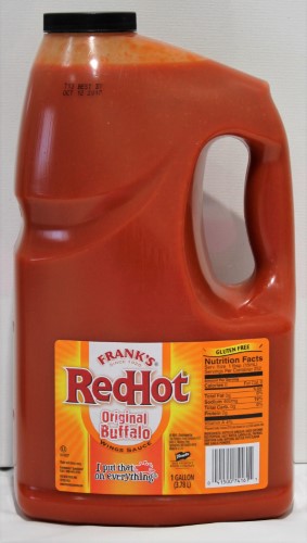 Large bottle of Frank's RedHot Buffalo Sauce, perfect for adding spicy flavor to wings, tacos, and various dishes.