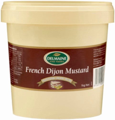 1kg tub of Delmaine Dijon mustard, perfect for enhancing flavor in sandwiches, marinades, and dressings.