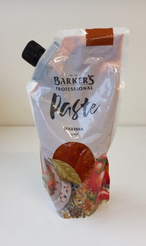 1kg packet of Barkers Harissa Paste featuring roasted peppers and spices, perfect for adding bold flavors to any dish.