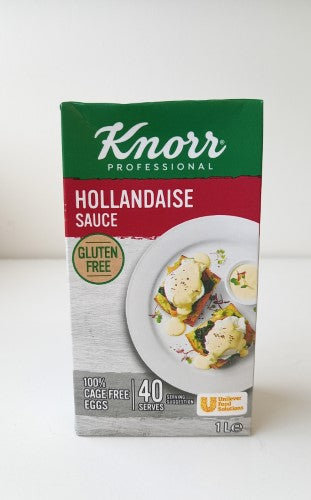 Creamy Sauce Hollandaise from Knorr in a 1L container, perfect for enhancing dishes like eggs benedict and seafood.