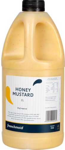 2-liter bottle of French Maid honey mustard sauce, showcasing a tangy-sweet flavor perfect for grilling, dipping, or marinating.