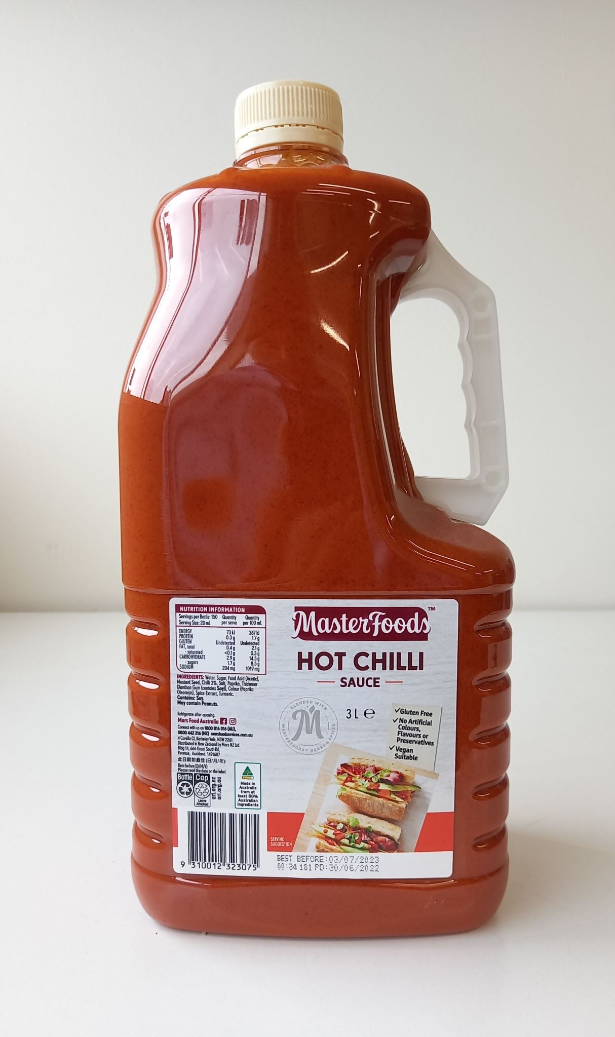 Masterfoods Chilli Hot Sauce 3L bottle, ideal for adding fiery flavor to dishes, perfect for home or restaurant use.