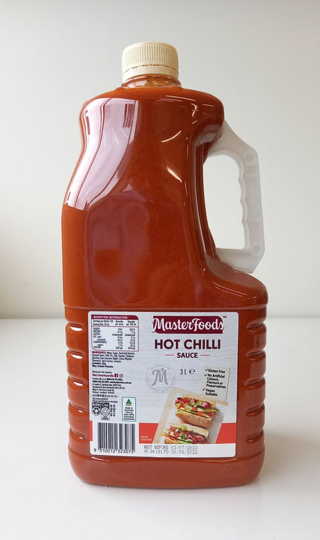 Masterfoods Chilli Hot Sauce 3L bottle, ideal for adding fiery flavor to dishes, perfect for home or restaurant use.