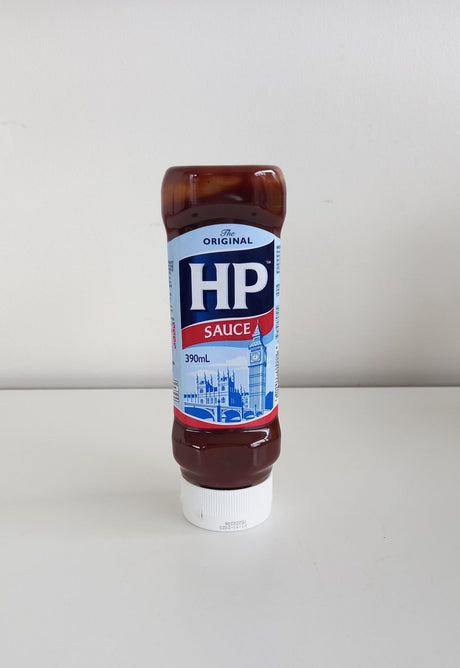 HP Original Sauce 390ml bottle, upside down design for easy dispensing, rich and tangy flavor for grilling and marinades.