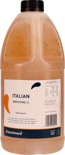 A 2L bottle of Italian French Maid dressing, perfect for enhancing salads, marinades, and dipping sauces with gourmet flavor.