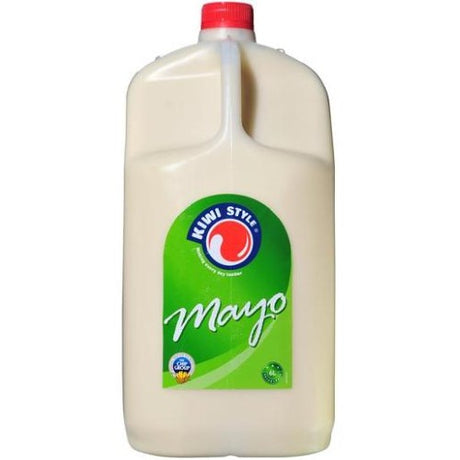 Creamy 6L Kiwi-style mayonnaise bottle, perfect for sandwiches, salads, and sauces, made with high-quality ingredients.