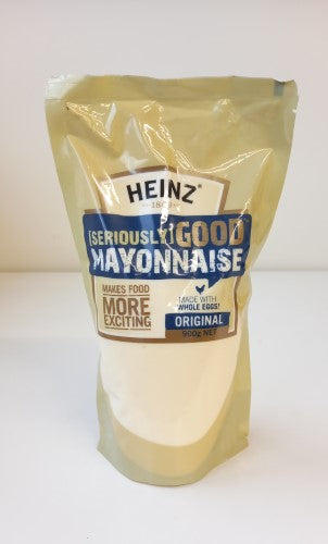 Heinz Seriously Good Mayonnaise 900ml packet, creamy texture, rich flavor for sandwiches, salads, and snacks.