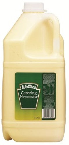 Creamy 5L Watties mayonnaise bottle, ideal for enhancing sandwiches, salads, and dips in restaurants and catering.