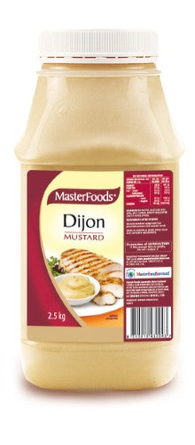 Mustard Dijon Masterfoods 2.5kg jar, rich and tangy condiment for elevating dishes, gluten-free and MSG-free.