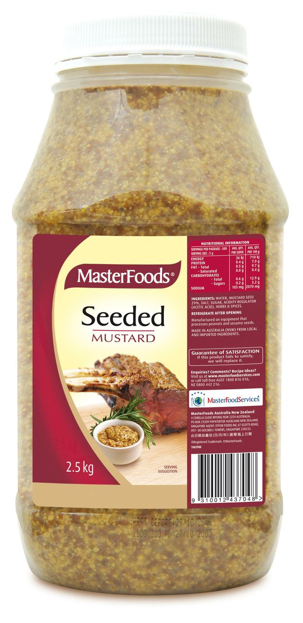 Mustard Seeded Masterfoods 2.5kg jar, offering premium flavor for sauces, dressings, and marinades. Perfect for chefs and home cooks.