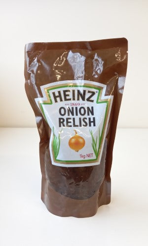 Heinz 1kg Onion Relish pouch, a tangy-sweet condiment for burgers, hot dogs, and sandwiches. Elevate your meals!