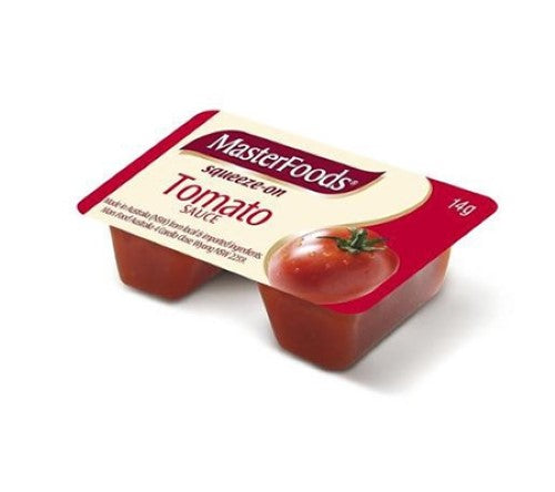 Masterfoods Squeeze On Tomato Sauce, 100 sachets of 14g each, perfect for burgers, pizzas, and quick meals.