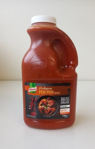 Gluten-free Knorr Peri Peri sauce in a 1.95kg bottle, perfect for adding spicy flavor to grilled dishes.