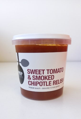 Sweet Tomato & Smoked Chipotle Relish 1kg tub, perfect for marinades, sauces, and gourmet culinary creations.