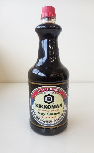 1.6L Kikkoman Soy Sauce bottle, perfect for adding authentic umami flavor to Asian dishes and enhancing culinary creations.