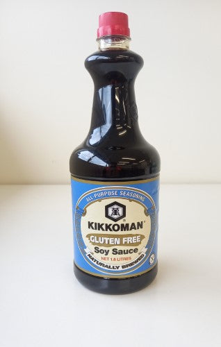 Gluten-free Kikkoman soy sauce 1.6L bottle, rich in umami, ideal for marinades, stir-fries, and sushi.