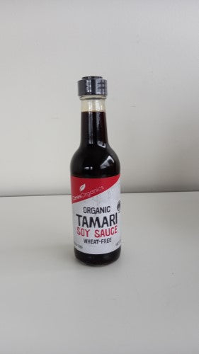 Organic Soy Tamari Sauce in a 250ml bottle, rich in umami flavor for cooking, marinating, and dipping.