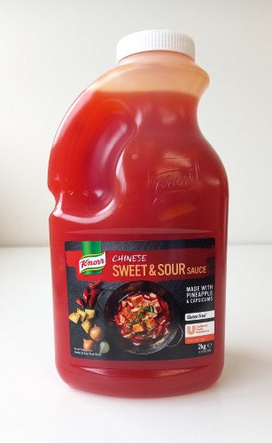 Gluten-free Knorr Chinese Sweet & Sour sauce in a 2kg bottle, perfect for stir-fries, marinades, and dipping.