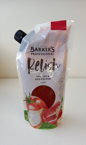 Packet of Barkers Relish featuring a blend of tomato and red pepper, weighing 1kg.