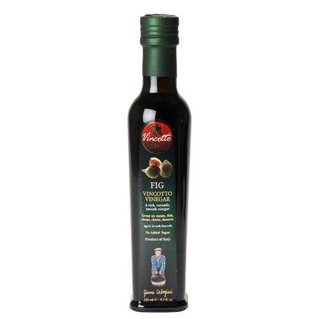 Vinegar Vincotto aged with fig in a 250ml bottle, offering a rich, sweet flavor ideal for dressings and marinades.