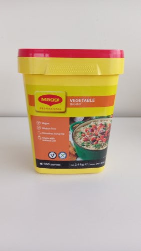 Booster Vege Maggi 2.4kg tub, a versatile natural vegetable seasoning for enhancing soups, stews, and stir-fries.