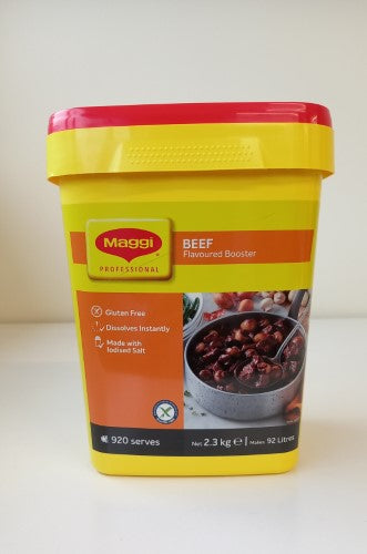 Booster Beef Maggi 2.3kg tub, premium beef seasoning for enhancing flavors in soups, stews, and stir-fries.