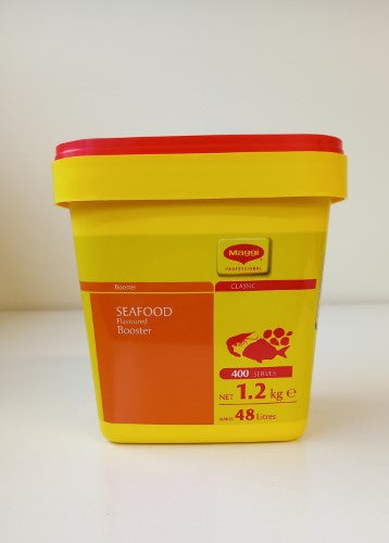 Booster Seafood Maggi 1.2kg tub featuring premium seafood-flavored noodles for quick and satisfying meals.