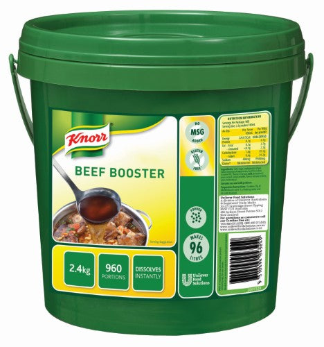 Booster Beef Knorr 2.4kg tub for rich, gluten-free beef stock to enhance soups, stews, sauces, and gravies.