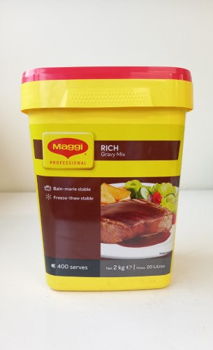 Gravy Rich Brown Mix by Maggi in a 2kg tub, perfect for enhancing meats and vegetables with rich, savory flavor.