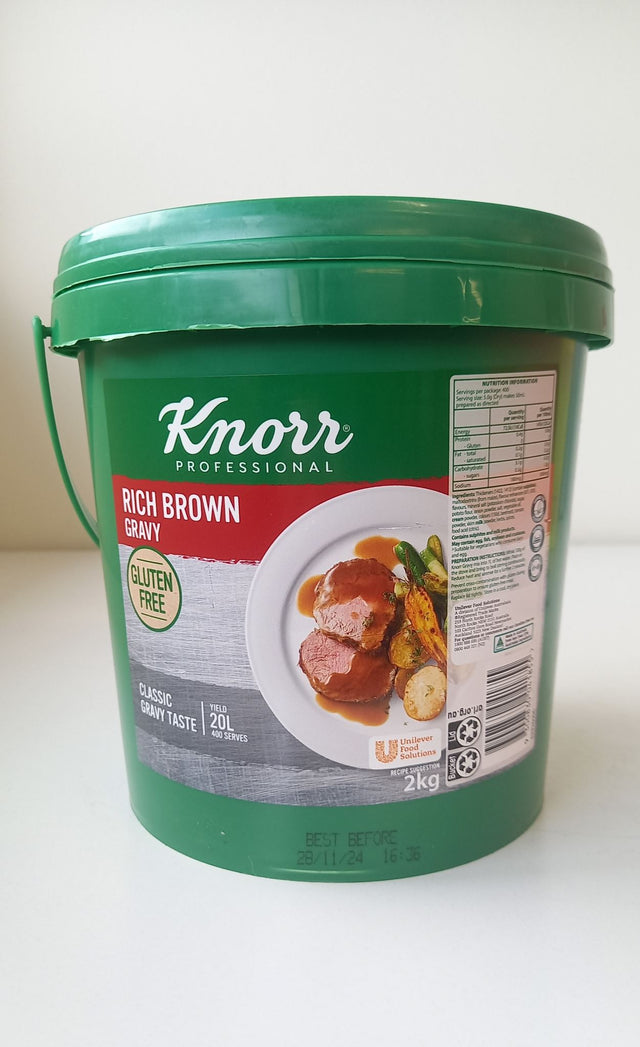 Gravy Rich Brown Knorr 2kg tub, a gluten-free savory base for sauces and gravies, enhancing meals with rich flavor and depth.