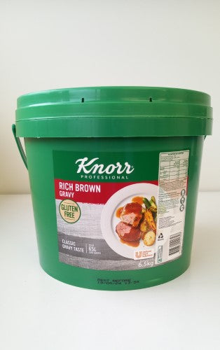 Gluten-free Knorr gravy in a 6.5kg pack, perfect for adding rich brown flavor to dishes.